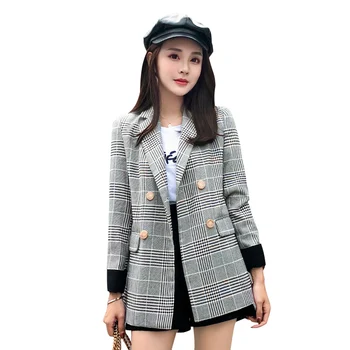

Retro Double Breasted Plaid Blazer Women Long Sleeve Slim OL Blazer 2019 Casual Autumn Jacket Blazer Female Outerwear