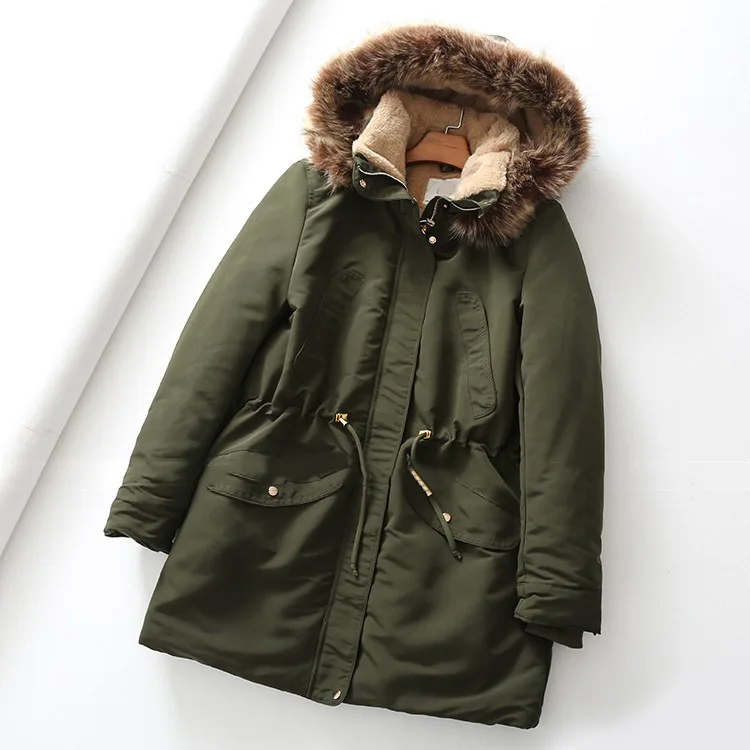 

Em48 Fall And Winter Clothes New Style ~ Warm Thick plus Velvet Drawstring Waist Hugging Mid-length Large Fur Collar Hooded Cott