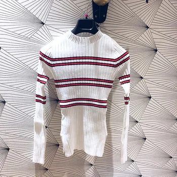 

19 Summer Stitching Stripes Slim Fit Joker Split Knitting Shirt Lady E19manuel 91028