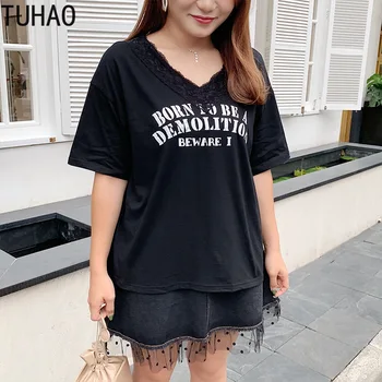 

TUHAO Plus Size 3XL 2XL Womens Tops and Blouses Woman 2019 Summer Short Sleeve Black Shirt lace Blouse Women Tops Blusas WM59
