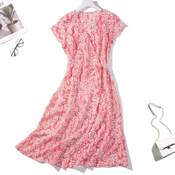 

Women's 100% Pure Silk Cap Sleeve Two Layers Printed Long Wrap Dress M L XL JN015-3