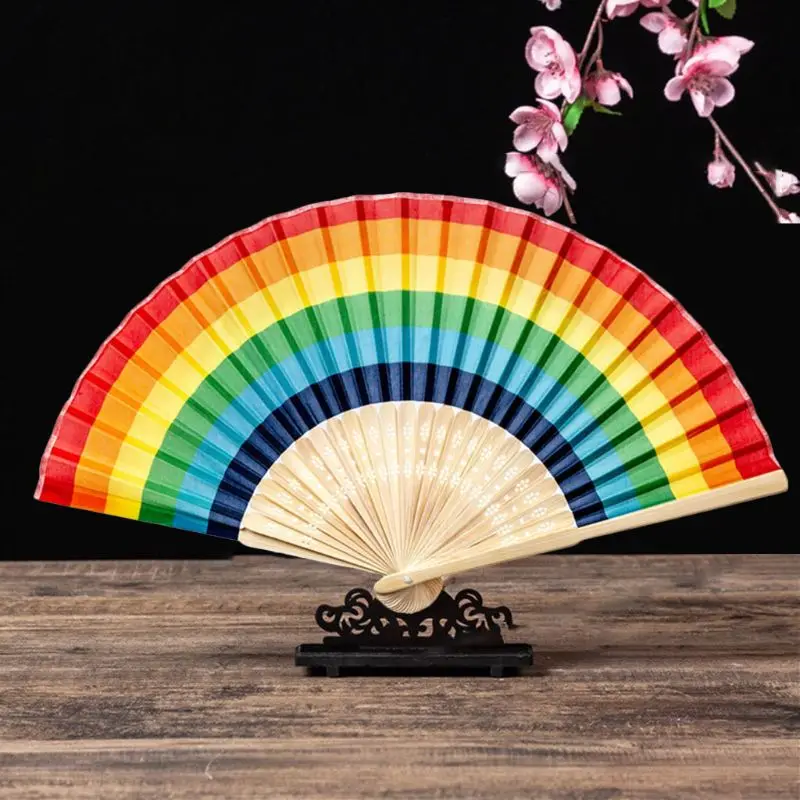 Summer Rainbow Handheld Folding Fan for Wedding Party Decoration Festival Dance M68E