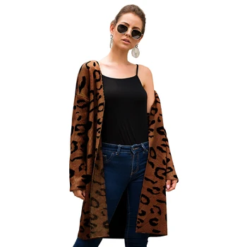 

New Autumn Winter Woman Leopard V-Neck Knitted Cardigan Tops Sexy Wild Style Long Female Open Stitch Sweater 3088