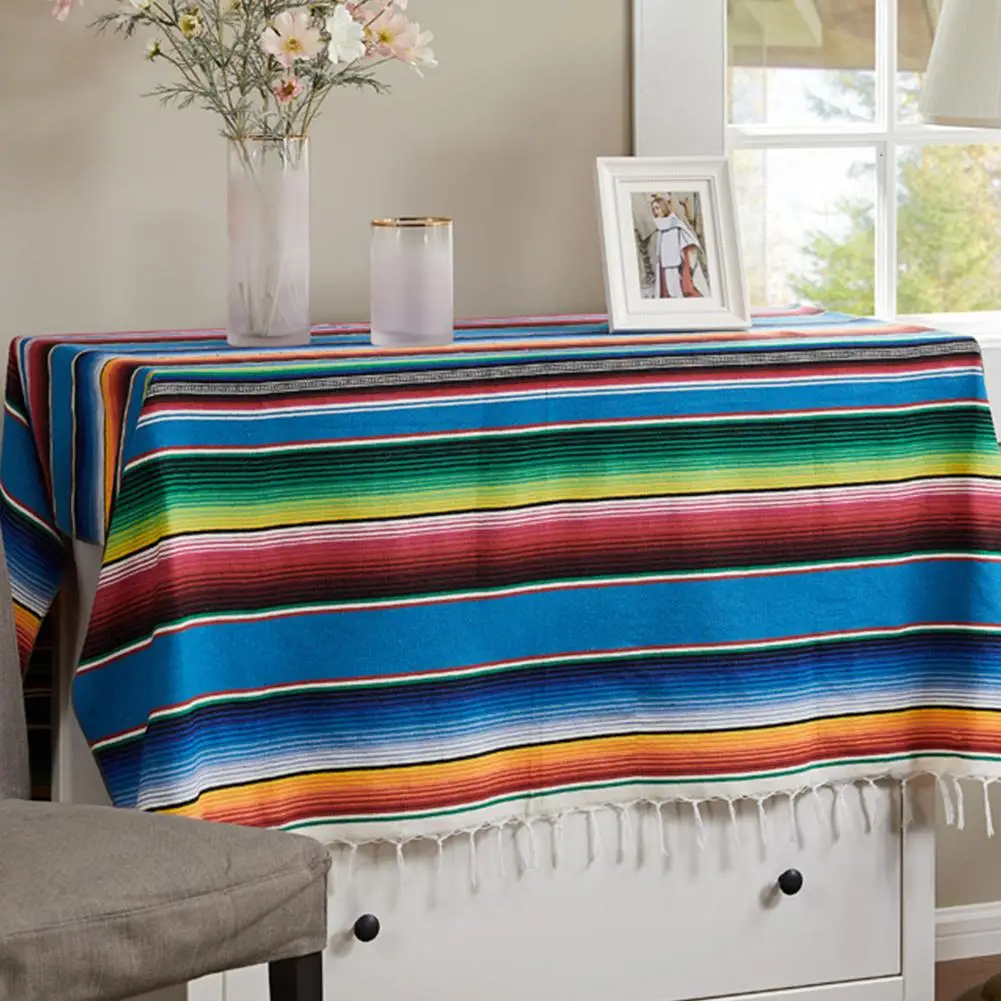 

Mexican Style Tassel Tablecloth Rainbow Pattern Cotton Color Strip Shawl Carnival Blanket Party Wedding Decoration