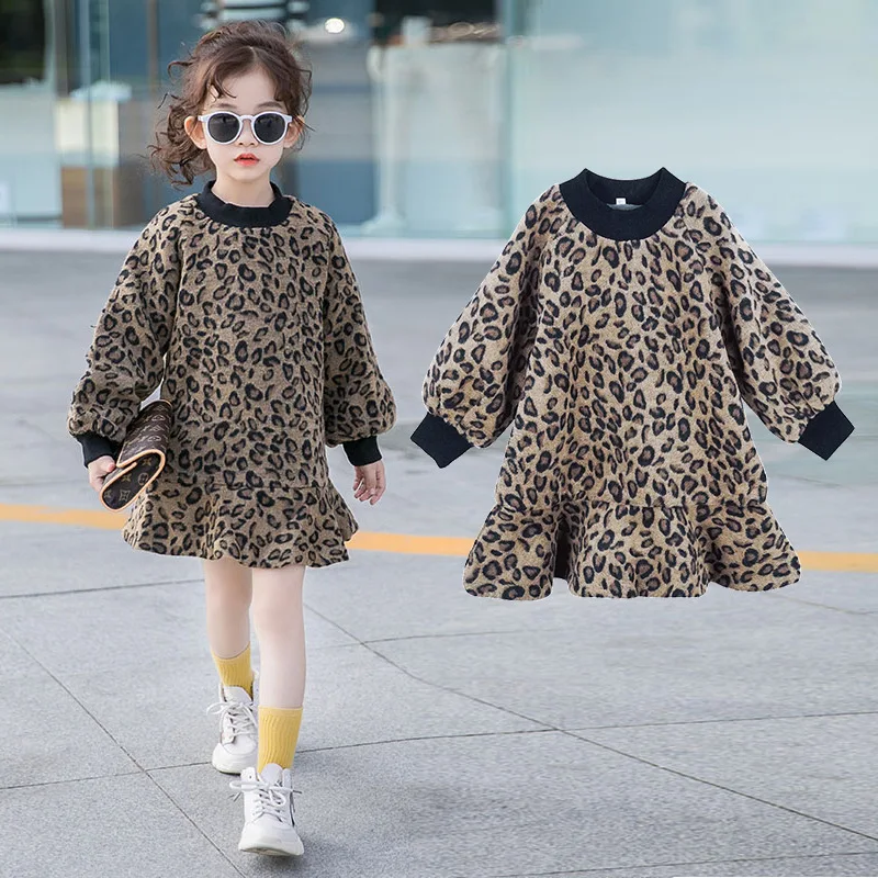 Модное зимнее платье для девочек леопардовое хлопковое платье Одежда для девочек-подростков осенняя одежда с длинными рукавами плиссированное платье для детей от 3 до 12 лет