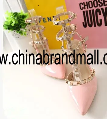 

Hot Sale-Designer Pointed Toe 3-Strap with Studs high heels Patent Leather rivets Sandals Women Shoes valentine high heel Shoes