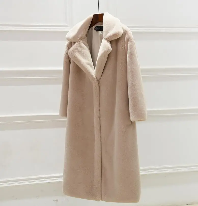 LUZUZI зимнее женское пальто высокого качества из искусственного кроличьего меха роскошное длинное меховое пальто Свободное пальто с отворотом толстое теплое Женское пальто больших размеров