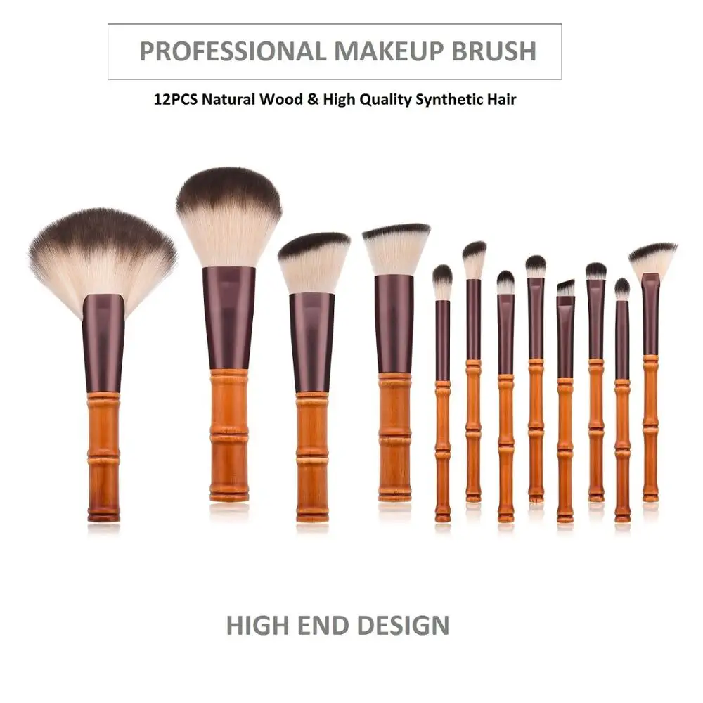 

Bamboo Makeup Brush Set 12pcs High-End Blending Foundation Eyeshadow Face Brushes Eco-Friendly Natural Wood Maquillaje Gift 2019