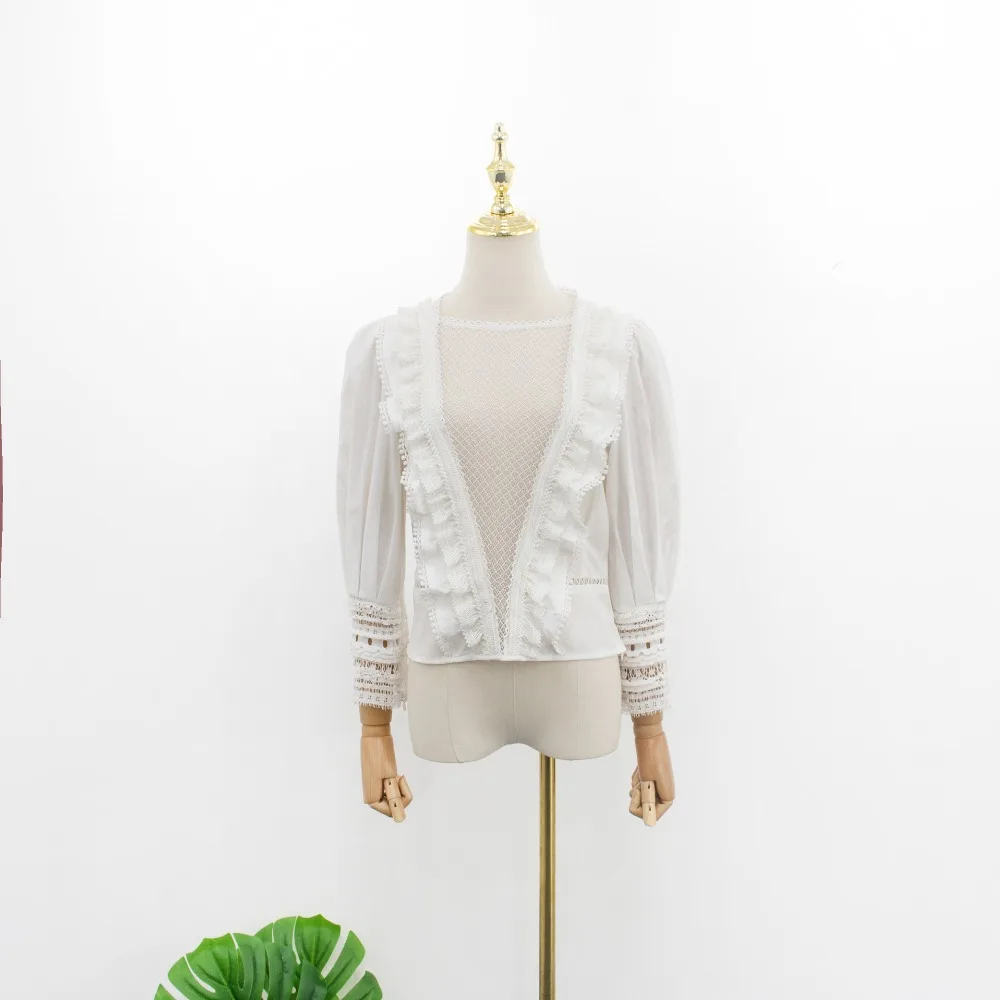 WHITNEY WANG Blouses Woman Fashion Streetwear Sexy Hollow Out Lace Patchwork Ruffles Blouse Women Blusas Shirt Tops