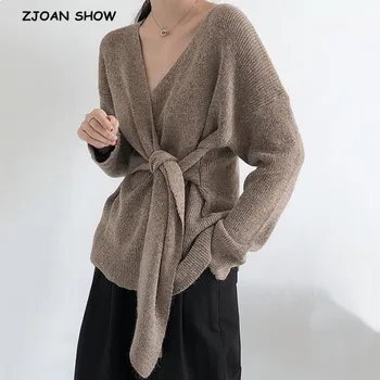

2020 Women CHIC Korea Cross V neck Tie Bow Sashes Cardigan Asymmetric Retro Lacing up Long sleeve Sweater Loose Jumper Knitwear