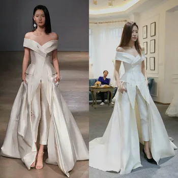 

Simple Satin Wedding Dresses 2019 V-Neck Split Sweep Train Vintage Bridal Gowns Cheap Bride Dress Vestido De Noiva