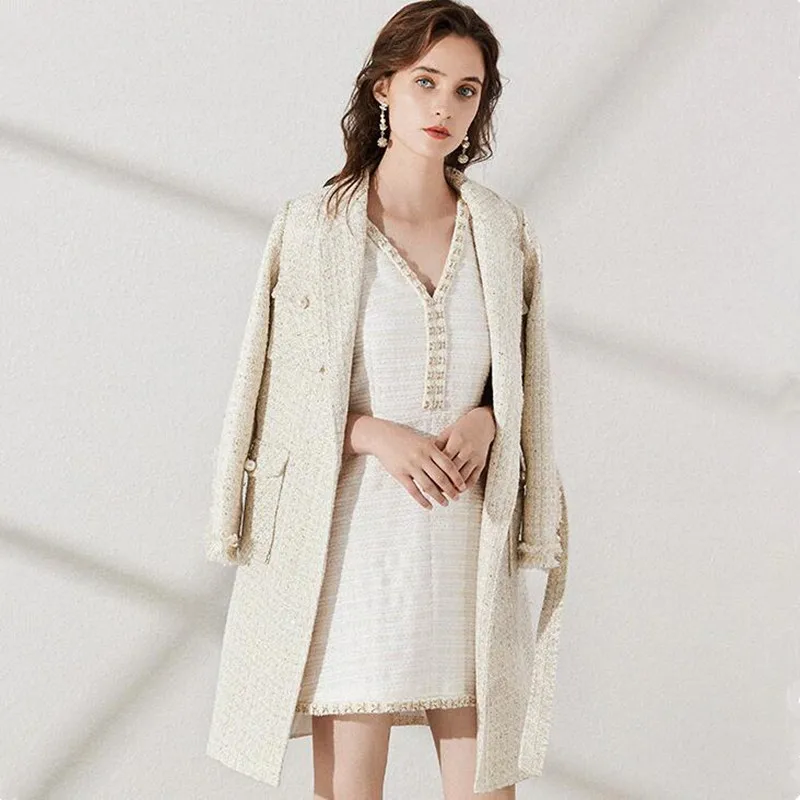 

2020 New Arrival Autumn Winter Tweed Jacket Women Elegant Runway Pockets Designer Luxury Long Coat Female Wool Outerwear Belt