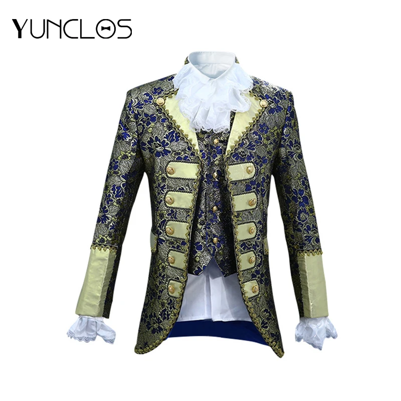

Yunclos Men's Court Suit performance Dress Double-Breasted 5 Piece Set (Jacket + Vest + Pants + Collar Flower + Sleeve Flower)