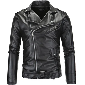 

2019 Men's Motorcycle Slim Leather Jacket Collar Cut Diagonal Zip Leather Leather Jacket