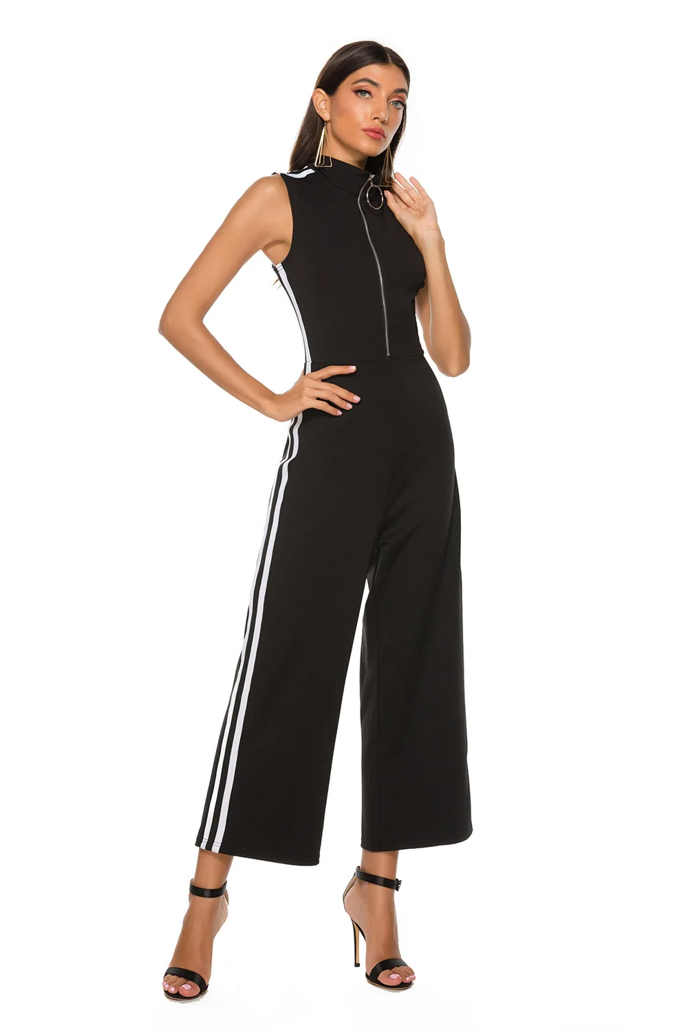 

Hot style ladies commuter casual metal zipper sleeveless plus size wide-leg jumpsuit