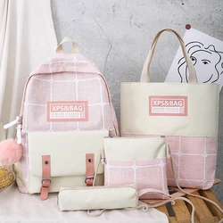 4pcs/set Women Casual Canvas Backpack Preppy Style Plaid Printing Student School Bags Pen Bag Large Capacity Handbags Knapsacks