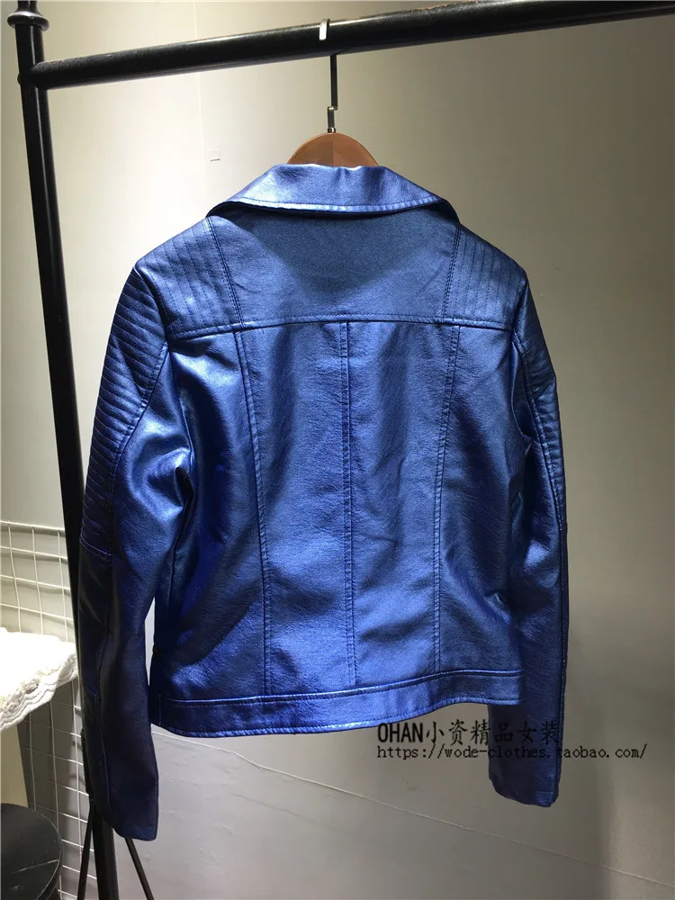 Women PU Leather Jacket Metal Bright Face Leather Coat Female Autumn New Soft Faux Leather Motorcycle Jacket Slim Short Coat