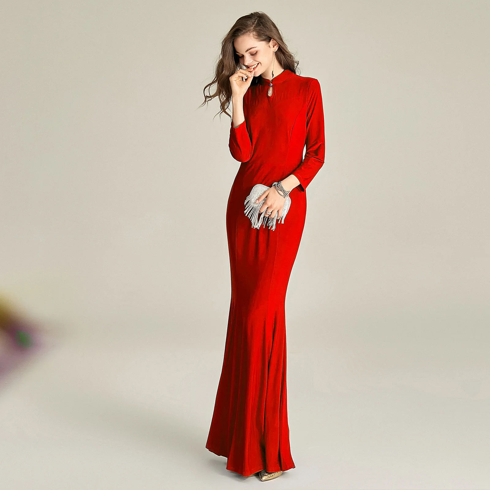 

Элегантное женское вечернее длинное платье с воротником-стойкой и пуговицами, свадебное красное платье HT753