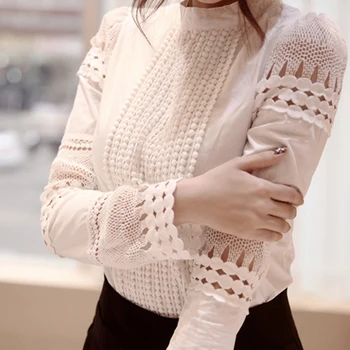 

New long-sleeved white bottoming shirt slim cotton crochet hollow lace shirt large size