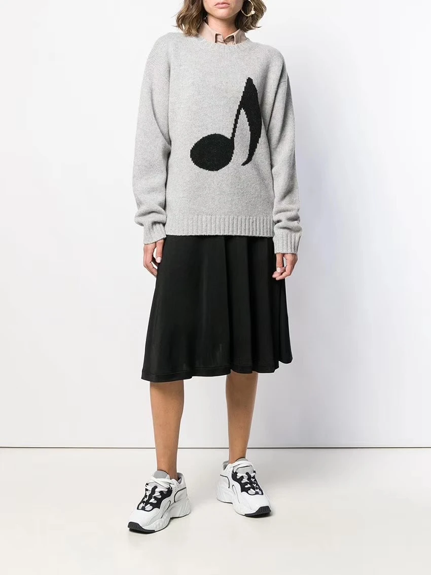 

Musical Notes Sweater Green Gray Heather Wool Knitwear Pullover Long Sleeve Loose and Versatile Top for Women A3