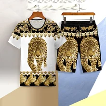 New summer men's sportswear suit men's 3D tiger short-sleeved casual slim T-shirt shorts Chinese dragon printed sports suit
