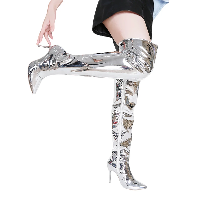 Зеркальные женские сапоги выше колена из искусственной кожи; ботинки на очень высоком каблуке с острым носком; женская обувь; новая зимняя теплая обувь; большие размеры
