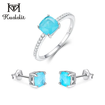 Kuololit Ice Break Paraiba Tourmaline Gemstone Jewelry Sets for Women Solid 925 Sterling Silver Ring Earrings Engagement Jewelry