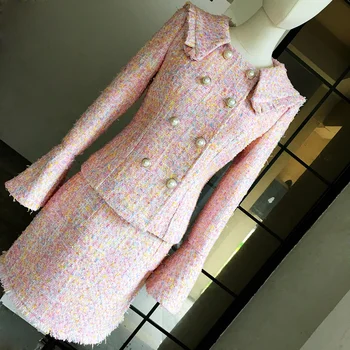 

sweet fashion pink tweed skirt suit set 2020 spring autumn long sleeve turn down collar coat + mini skirt 2 piece set Y675