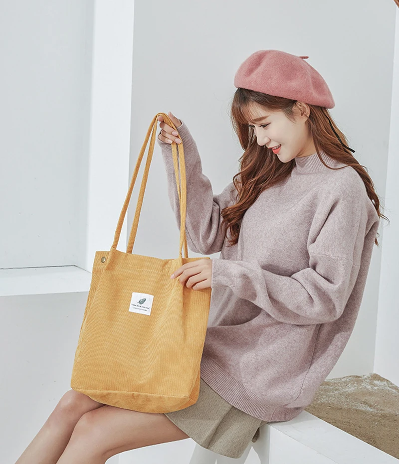 Women Corduroy Shopping Bag Female Canvas Cloth Shoulder Bag Environmental Storage Handbag Reusable Foldable Eco Grocery Totes