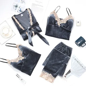

Soft Warm Sleepwear Lady Pajamas Sleep Set Velvet Long Sleeve Home Clothing Casual Pijamas Suit Lounge Strap Top&pants Robe