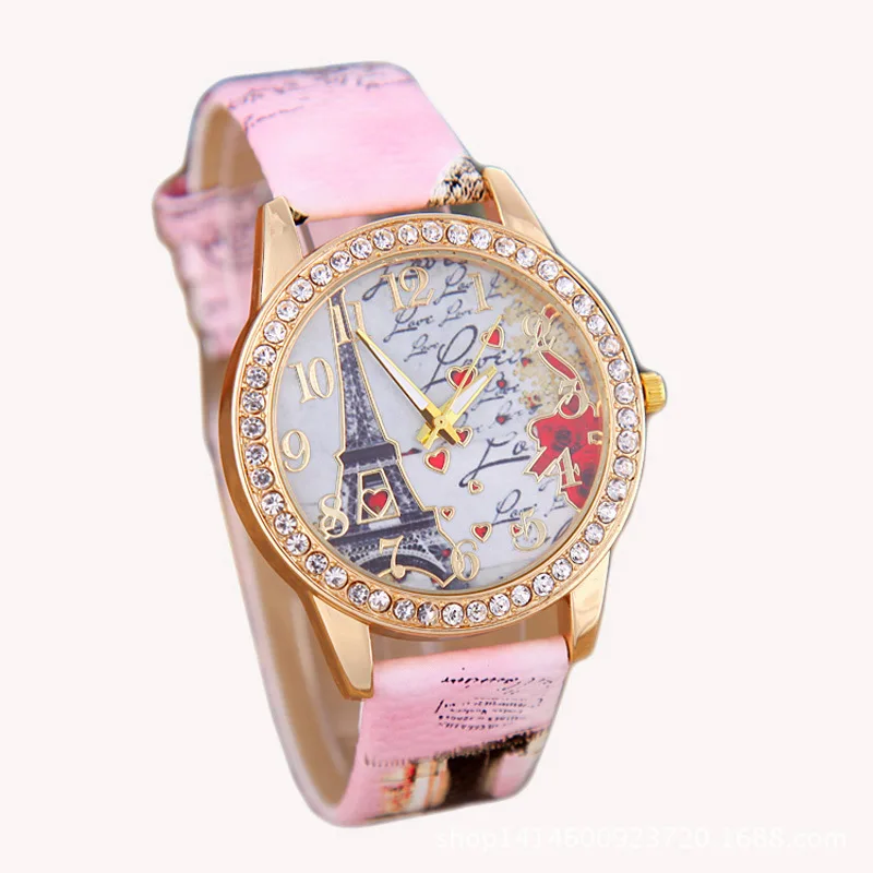 

Foreign Trade Hot Selling Eiffel Iron Tower Diamond Set Women's Quartz Watch Printed Watch Strap Peach Heart Watch Manufacturers