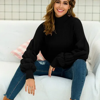 

Womens High Neck Sweater Lotus Knot Long Sleeve Loose Casual Pullover Sweater H9