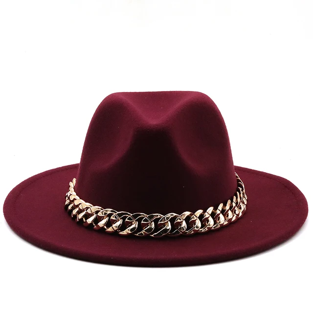 womens's hat wide brim Thick gold chain band classic black beige felted hat panama cowboy jazz men caps luxury fedora women hats 3