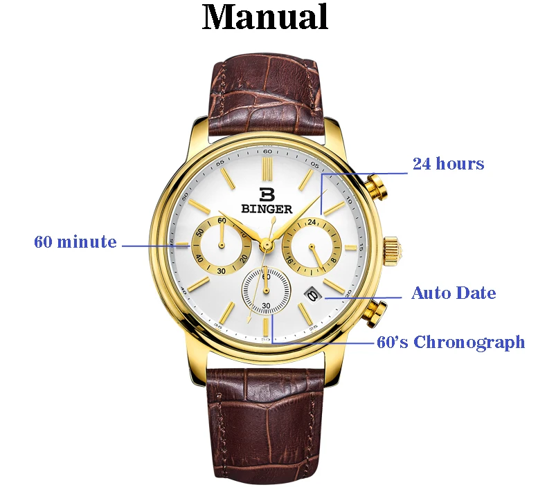Switzerland BINGER мужские часы люксовый бренд Кварцевые водонепроницаемые хронограф секундомер кожаный ремешок для часов наручные часы B9005-2