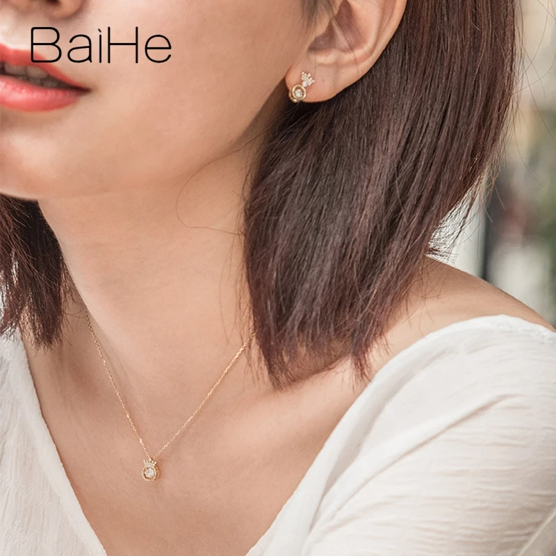BAIHE Твердые 14 к желтое золото всего 0.30CT H/SI круглые натуральные бриллианты танцы Алмаз серьги Свадебные красивые короны серьги