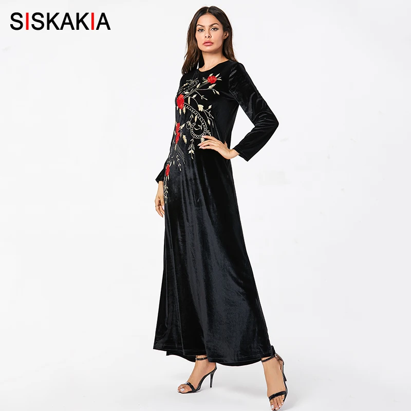 Black dress Siskakia Платье женское осень зима Новое вельветовое с цветочной вышивкой длинные платья полный рукав размера плюс о-образный вырез мусульманская одежда - Цвет: Black dress