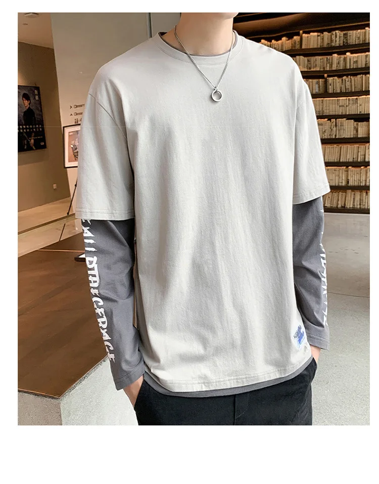 Горячая Распродажа, Fake-2piece, мужские футболки, осенняя новая хлопковая футболка с длинными рукавами, Homme, свободный круглый воротник, футболки с буквами, мужская одежда