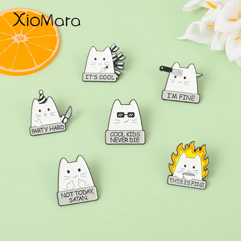 Cute White Cat Enamel Pins Not Today Satan I Am Fine Cool Brooches for Women Men Bag Backpack Badge Jewelry Gift Friend