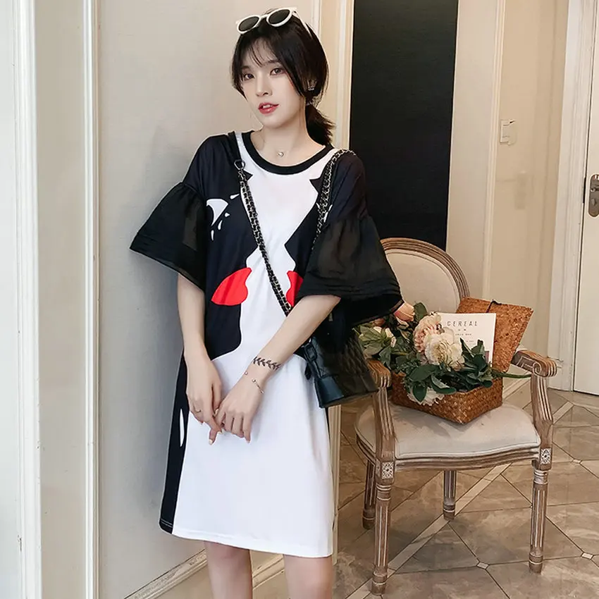

Fashion Girls Summer Loose Dresses White Black Colour Round Collar Organza Ruffle Short Sleeve Oversized Big Yards Sweat Dress