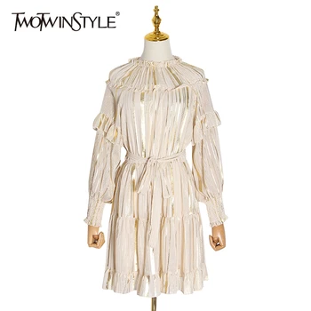 

TWOTWINSTYLE Elegant Striped Party Dress Women O Neck Lantern Sleeve High Waist Mini Pleated Dresses Female Clothes 2020 Fashion