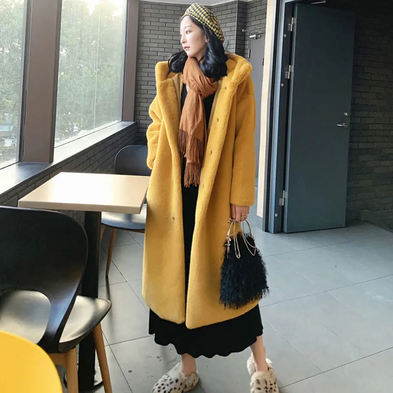 

2019 Winter Women High Quality Faux Rabbit Fur Coat Luxury Long Fur Coat Loose Hooded Overcoat Thick Warm Plush Coats Female 338