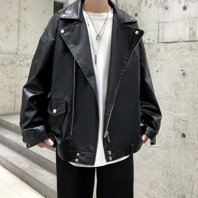 

Korean Black Leather Jacket Men's Fashion Casual Loose Motorcycle Jackets Mens Streetwear Wild Hip-hop Bomber Jacket Men S-2XL