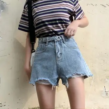 

Harajuku Hole Denim Shorts for Women Summer Solid Color High Waist Thin Package Hot Pants Plus Size Wide Leg Short Jeans