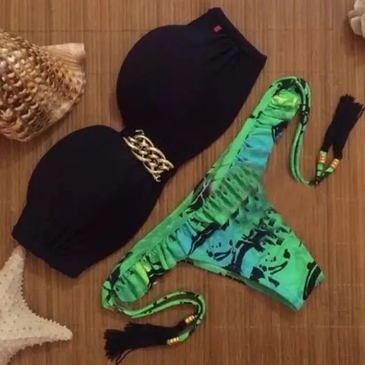 Зеленый women's European and American ladies sexy hot print rims bikini straps split swimsuit two-piece suit and chest stickers - Цвет: Зеленый