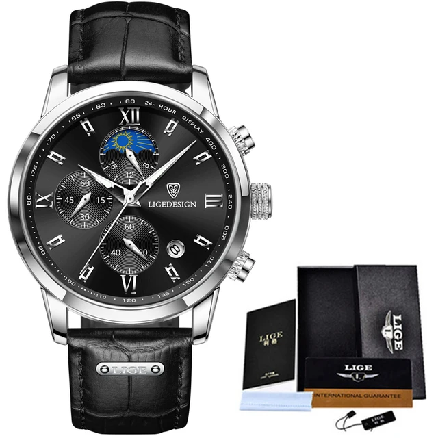LIGE Business Mens Watches Brand Luxury Leather Waterproof Sport Quartz Chronograph Military Watch Men Clock Relogio Masculino Silver Black
