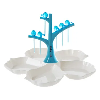 

5 Compartments Fruit Plate And Bird Fork Tree Set Storage Trays Flower Shape Plastic Cake Snack Tray For Wedding Birthday Party
