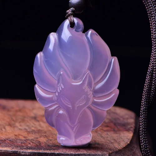 Chinese Natural Agate Jade Seven-tailed Fox Pendant Necklace Jewellery Hand-Carved Relax Healing Women Man Gift Free Rope - Цвет камня: Purple