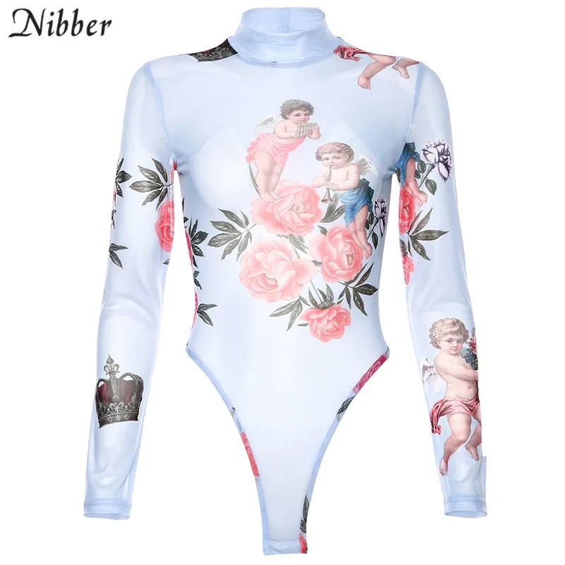 Nibber/милые Боди с принтом Амура из мультфильма для женщин, осень, длинный рукав, сексуальный сетчатый прозрачный эластичный тонкий купальный костюм с шортами mujer - Цвет: Белый