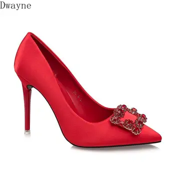

2019 spring and autumn new satin square buckle rhinestone wedding shoes pointed high heels female fine with wild bride red shoes