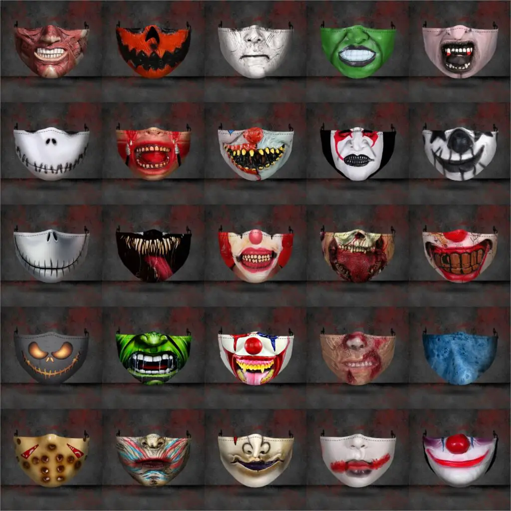 1PCS Halloween Adult Big Mouth 3D Printed Face Fabric Masks Skull Reusable Washable Anti Dust Face Masks 1 Mask +2 PM2.5 Filter